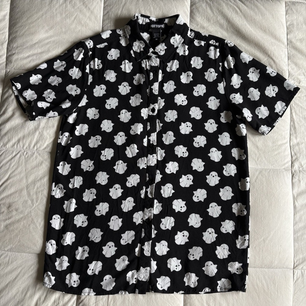 Hot Topic Button Up Ghost Shirt Womens S Black Whimsigoth Cute Spooky Halloween - Picture 2 of 11